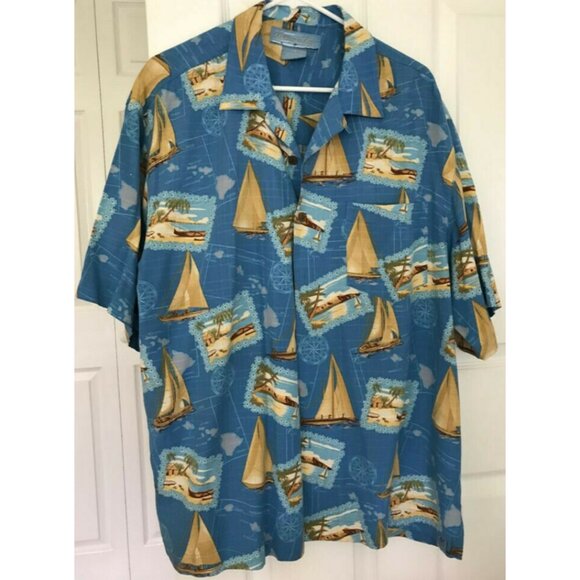 100% Silk Bermuda Bay Blue Sailboat Beach Tropical Men's Button-Up Shirt L - Picture 1 of 4